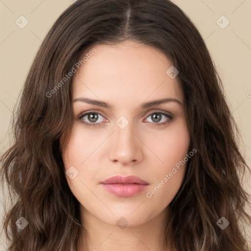 Neutral white young-adult female with long  brown hair and brown eyes