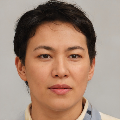 Joyful asian adult female with short  brown hair and brown eyes