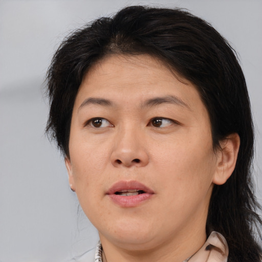 Joyful asian adult female with medium  brown hair and brown eyes