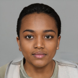 Neutral black young-adult female with short  black hair and brown eyes