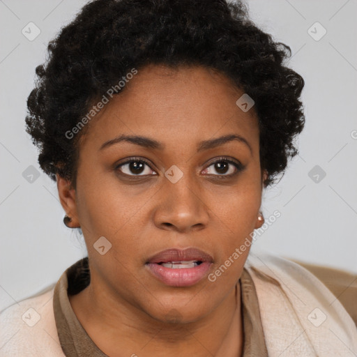 Neutral black young-adult female with short  brown hair and brown eyes