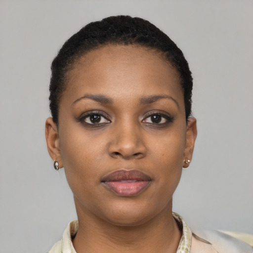 Neutral black young-adult female with short  brown hair and brown eyes