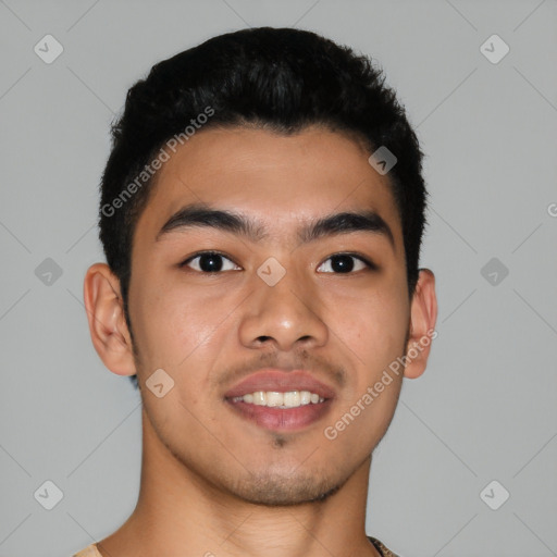 Joyful asian young-adult male with short  brown hair and brown eyes