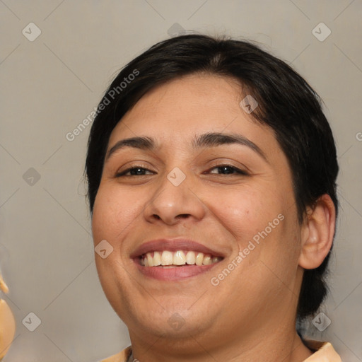 Joyful white young-adult female with medium  brown hair and brown eyes