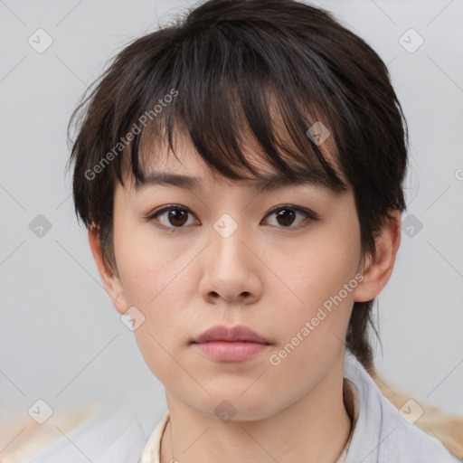 Neutral white young-adult female with medium  brown hair and brown eyes