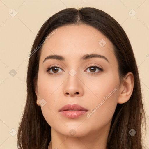 Neutral white young-adult female with long  brown hair and brown eyes