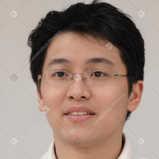 Joyful asian young-adult female with short  brown hair and brown eyes