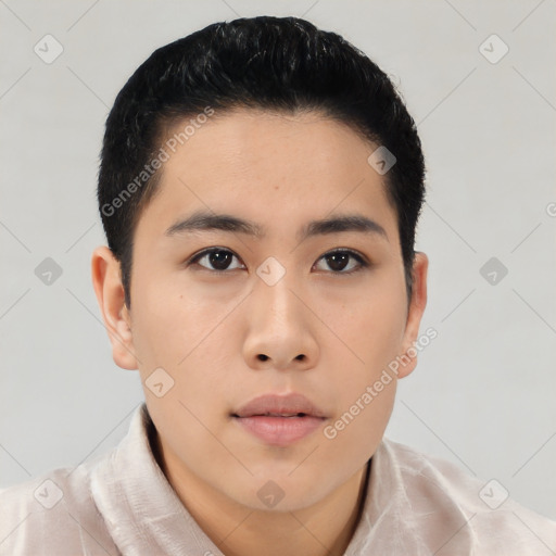 Neutral asian young-adult male with short  black hair and brown eyes