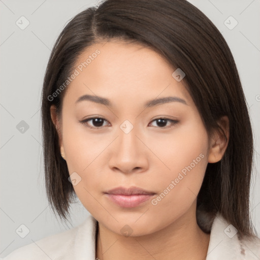 Neutral asian young-adult female with medium  brown hair and brown eyes