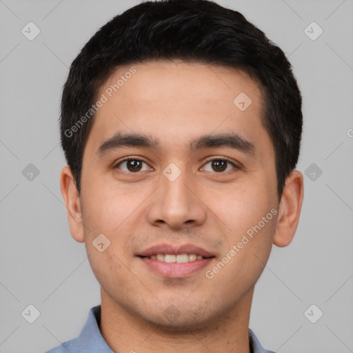 Joyful white young-adult male with short  black hair and brown eyes