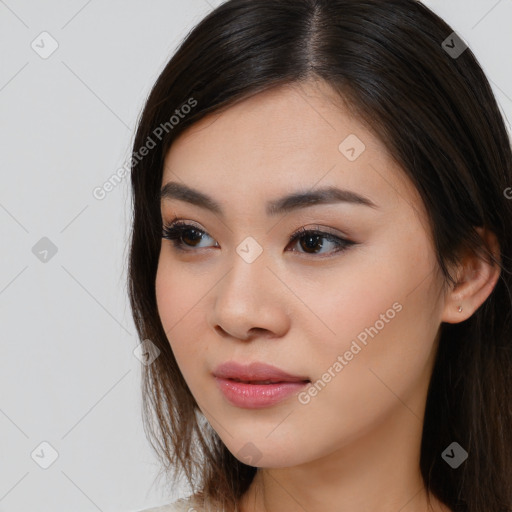 Neutral asian young-adult female with long  brown hair and brown eyes