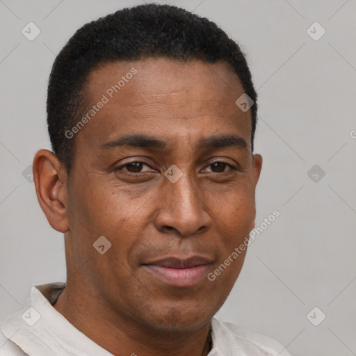 Neutral latino adult male with short  brown hair and brown eyes