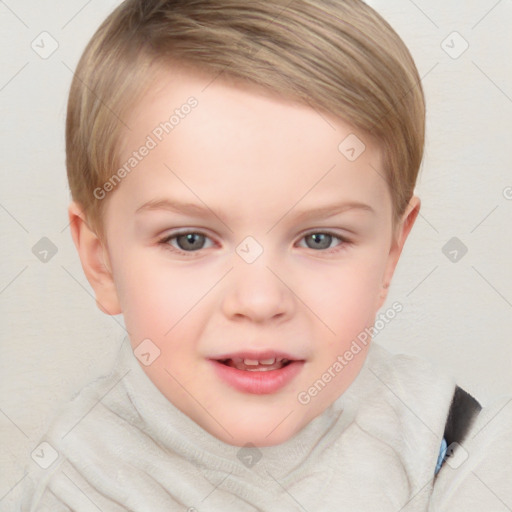 Joyful white child female with short  brown hair and blue eyes