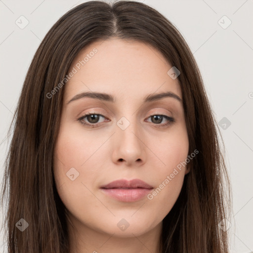 Neutral white young-adult female with long  brown hair and brown eyes