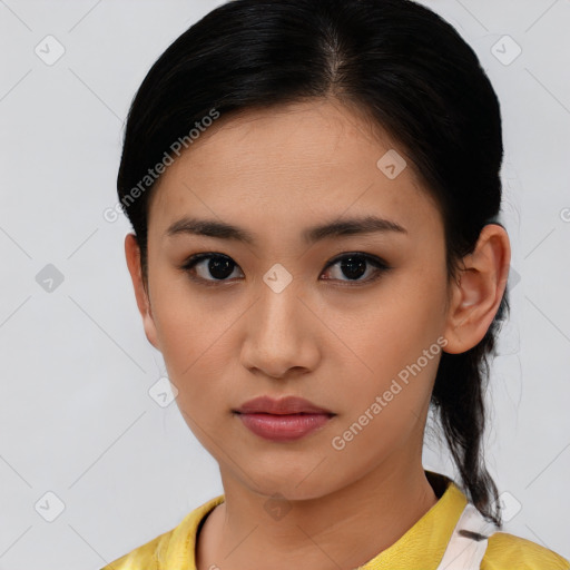 Neutral asian young-adult female with short  brown hair and brown eyes