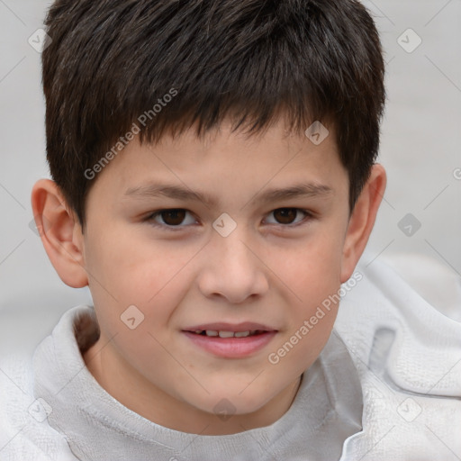 Joyful white child male with short  brown hair and brown eyes