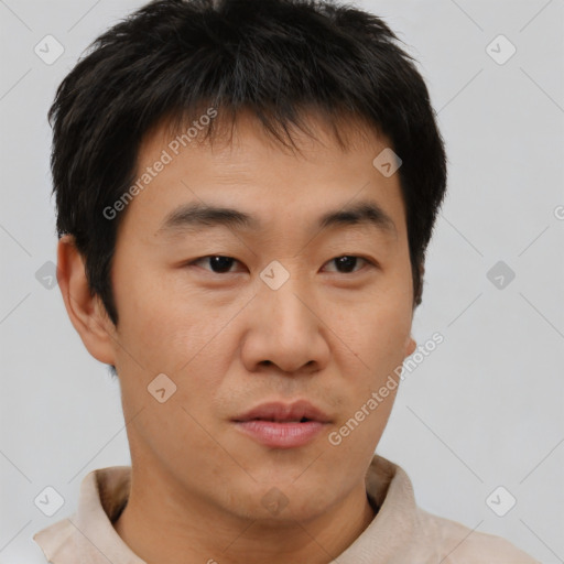 Neutral asian young-adult male with short  brown hair and brown eyes