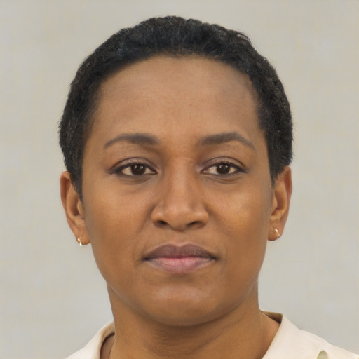 Joyful latino young-adult female with short  black hair and brown eyes