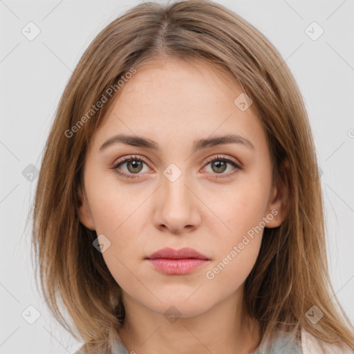 Neutral white young-adult female with medium  brown hair and brown eyes