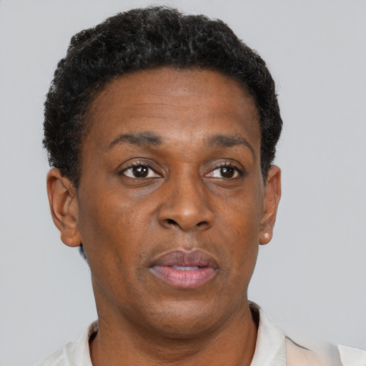 Neutral black adult male with short  brown hair and brown eyes
