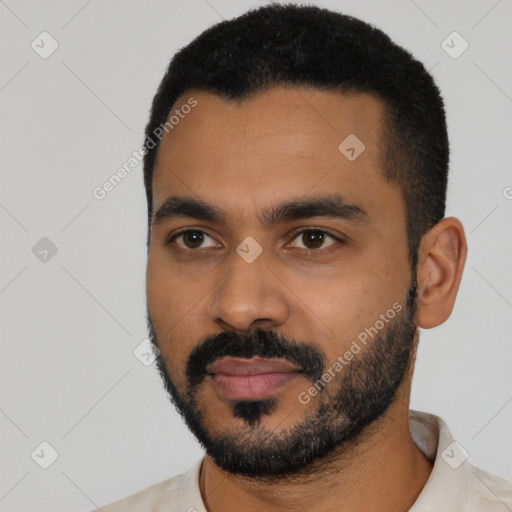 Neutral latino young-adult male with short  black hair and brown eyes