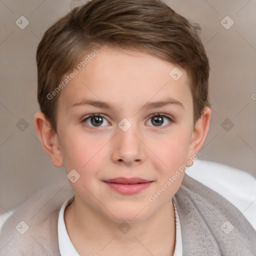 Joyful white child female with short  brown hair and brown eyes