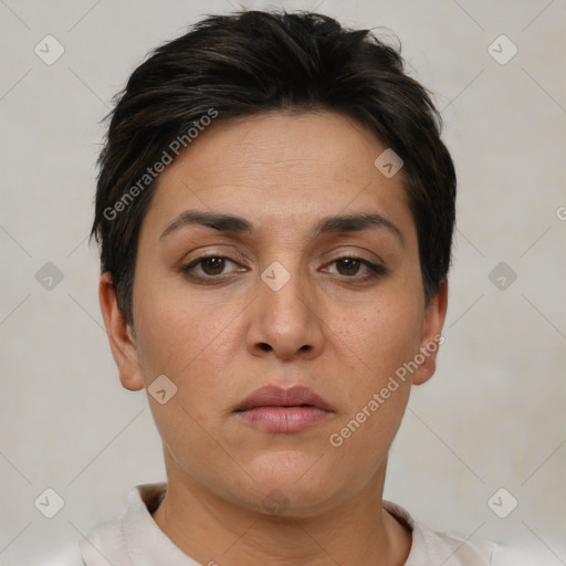 Neutral white young-adult female with short  brown hair and brown eyes