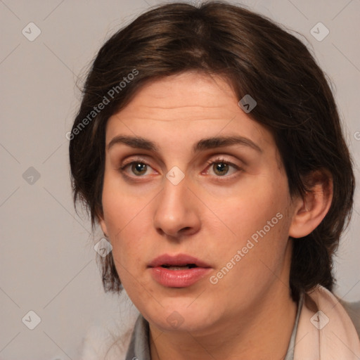 Neutral white young-adult female with medium  brown hair and brown eyes