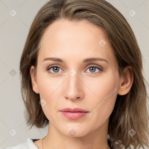 Neutral white young-adult female with long  brown hair and grey eyes