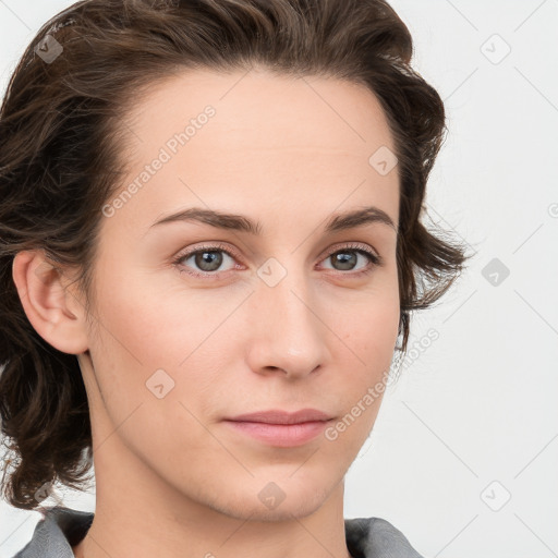 Neutral white young-adult female with medium  brown hair and grey eyes