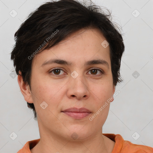 Neutral white young-adult female with short  brown hair and brown eyes