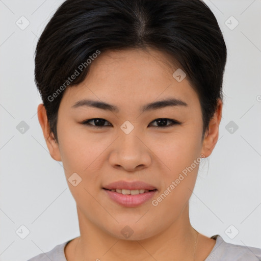 Joyful asian young-adult female with short  brown hair and brown eyes