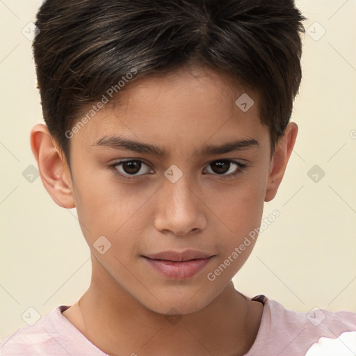 Joyful white child male with short  brown hair and brown eyes