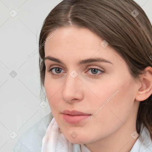 Neutral white young-adult female with medium  brown hair and grey eyes