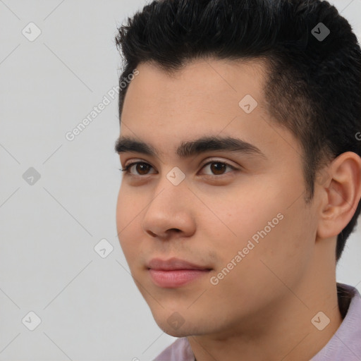 Neutral latino young-adult male with short  black hair and brown eyes