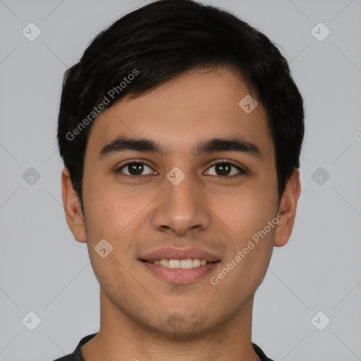 Joyful latino young-adult male with short  black hair and brown eyes