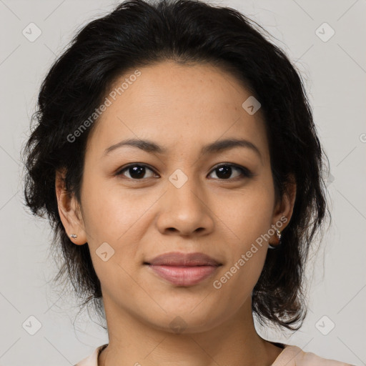 Joyful asian young-adult female with medium  brown hair and brown eyes