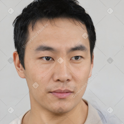 Neutral asian young-adult male with short  black hair and brown eyes