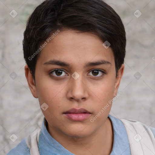 Neutral white young-adult female with short  brown hair and brown eyes