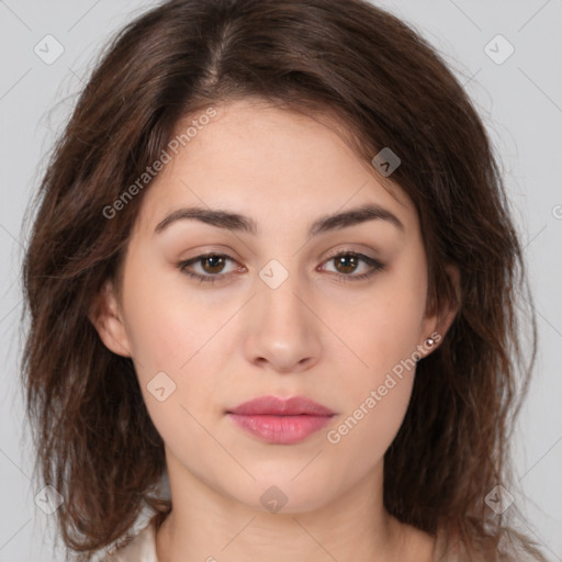 Neutral white young-adult female with medium  brown hair and brown eyes