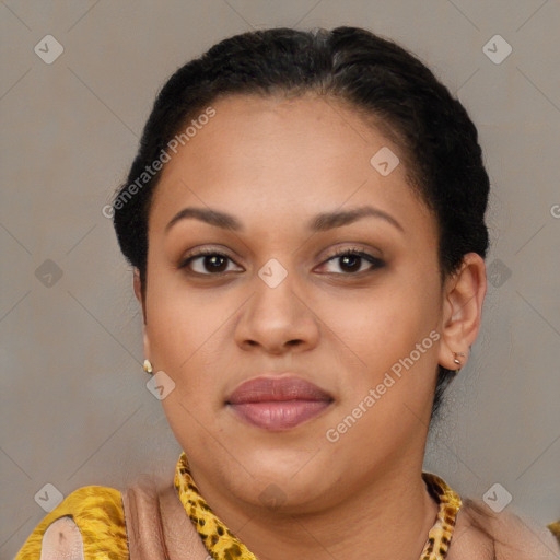 Joyful latino young-adult female with short  brown hair and brown eyes