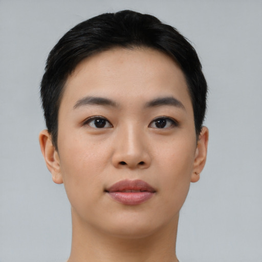Neutral asian young-adult female with short  black hair and brown eyes