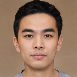 Neutral asian young-adult male with short  black hair and brown eyes