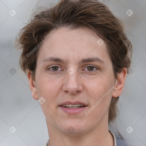 Joyful white adult female with medium  brown hair and grey eyes