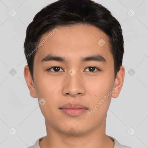 Neutral asian young-adult male with short  black hair and brown eyes