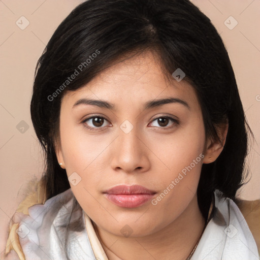 Neutral white young-adult female with medium  brown hair and brown eyes