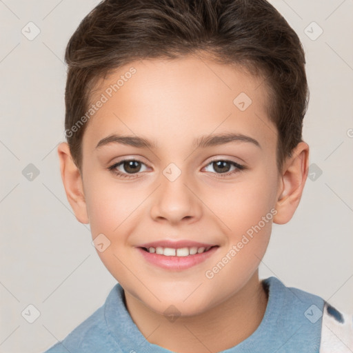 Joyful white child female with short  brown hair and brown eyes