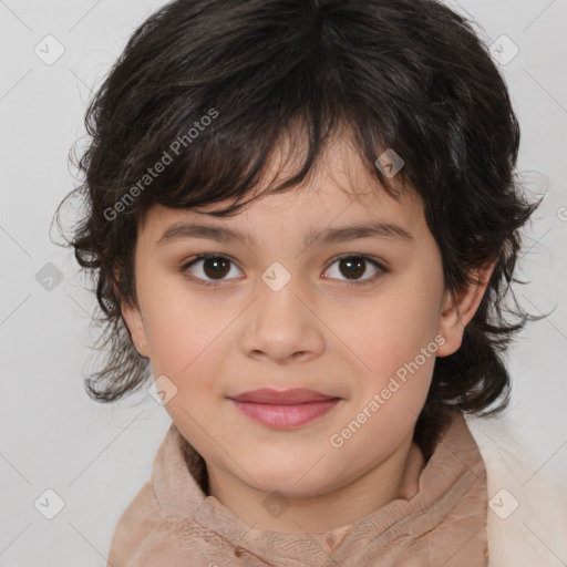 Joyful white child female with medium  brown hair and brown eyes