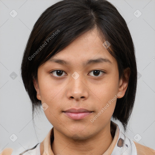 Neutral white young-adult female with medium  brown hair and brown eyes