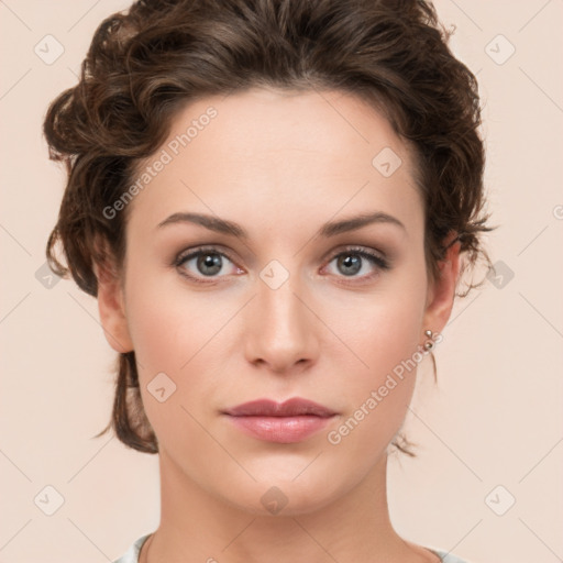 Neutral white young-adult female with short  brown hair and brown eyes